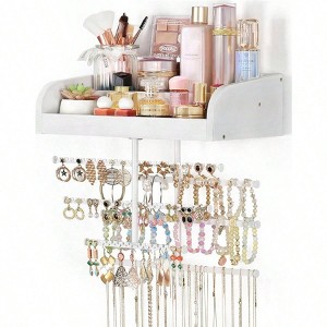 Wall Mounted Jewelry Organizer 7 - in - 1 with Large Stepped Rustic Whitewood Shelves - Iron Jewelry Holder - 1 of 4