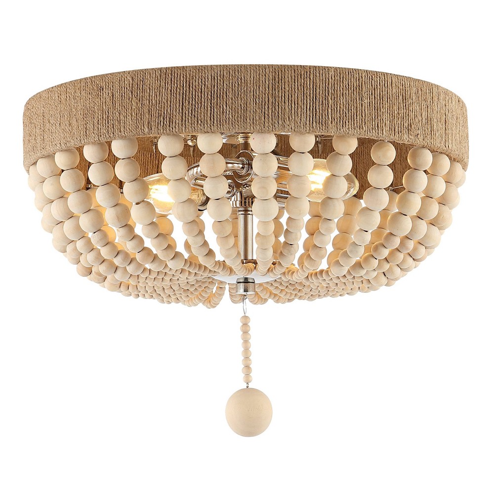 14" LED 2-Light Justina Wood Bead Iron Pendant Taupe/Chrome - JONATHAN Y