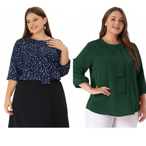 Women's Plus Size 2 Pieces 3/4 Sleeves Round Neck Ruffle Chiffon Work Blouse - Agnes Orinda - 1 of 4