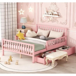 TiramisuBest Full Kids Bed Frame, Toddler Bed with Guardrails and 2 Storage Drawers Solid Wood Platform for Minimalist Bedroom, Pink - 1 of 4