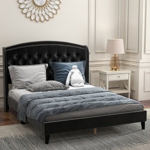 Bed Frame with Headboard – Upholstered Velvet Platform Bed, Rivet Button Tufted, Heavy Duty, No Box Spring - 1 of 4