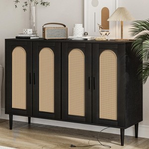Rattan Sideboard Buffet Cabinet with Storage,Console Table Coffee Bar w/Power Outlet,4 Doors Accent Cabinet w/Adjustable Shelves,Rattan Buffet Cabinet - 1 of 4