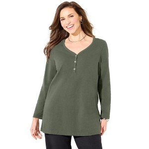 Catherines Women's Plus Size Suprema Studio V-Neck Henley Top - 1 of 4