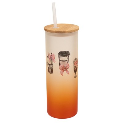 Elanze Designs 25 Ounce Frosted Glass Gradient Travel Tumbler With Straw and Wooden Lid, Coffee Drinks and Bows Orange