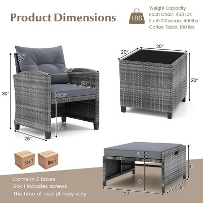 Gray PE Rattan 5-Piece Patio Furniture Set with Cushions and Tempered Glass Table