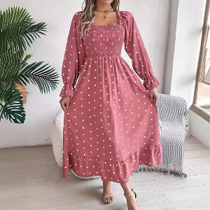 Coolmee Women's Fall Dresses Crew Neck Long Sleeve Dot Tiered Flowy A Line Casual Boho Party Maxi Dress - 1 of 4