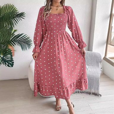 Coolmee Women's Fall Dresses Crew Neck Long Sleeve Dot Tiered Flowy A Line  Casual Boho Party Maxi Dress Pink M : Target