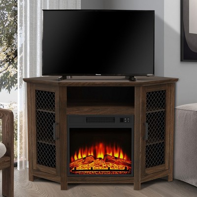Parrot Uncle 45 in. Dark Walnut Corner TV Stand Fits TVs up to 55 in. with 18 in. Electric Fireplace