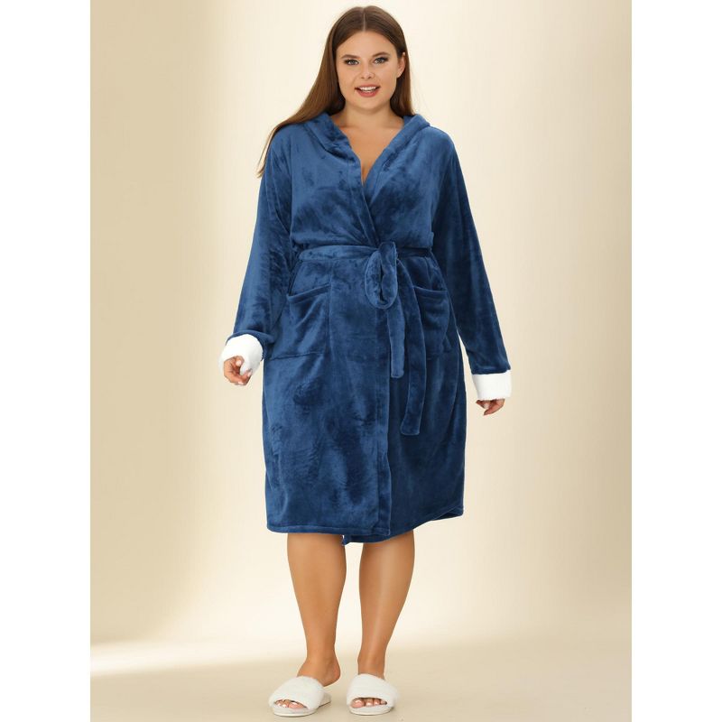 Agnes Orinda Women's Plus Size Nightgown Faux Fur Robe Fleece Hood Warm Plush Flannel Robe, 3 of 6