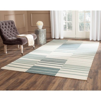 Blue and Ivory Handmade Flat Woven Wool Area Rug, 4' x 6'
