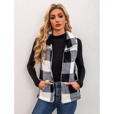 Women's Plaid Corduroy Vest with Stand Collar, Zip Front Sleeveless Jacket Vest for Fall Winter