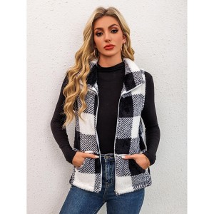 Women's Plaid Corduroy Vest with Stand Collar, Zip Front Sleeveless Jacket Vest for Fall Winter - 1 of 4