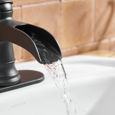 Matte Black Single-Handle Waterfall Bathroom Faucet with Deck Plate