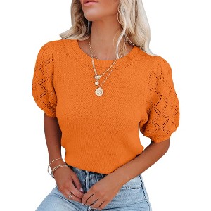 Womens Short Sleeve Lightweight Sweaters Crewneck Knit Pullover Tops with Crochet Sleeve Casual Crochet Blouse Shirt for Spring, Summer - 1 of 4