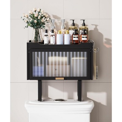 Hachikiko Over The Toilet Storage Cabinet, Bamboo Bathroom Organizer Rack with Lid and 2 Hooks