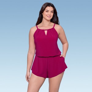 Aqua Green, Women's Keyhole Blouson Romper - 1 of 3