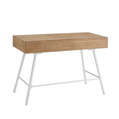 Natural Wood and White 3-Drawer Desk with Iron Legs