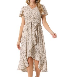 INSPIRE CHIC Women's Summer Flutter Short Sleeve Wrap Ruffle High Low Hem V Neck Floral Midi Dress - 1 of 4