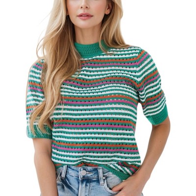 Amaryllis Women's Multicolor Striped Knit Top Short Sleeves Mock Neck Casual Vibrant Fashion