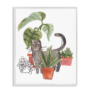 Stupell Industries Grey Cat Pet Terracotta House Plants Tropical Monstera Framed Giclee Art, White, 11" x 14" - 1 of 4