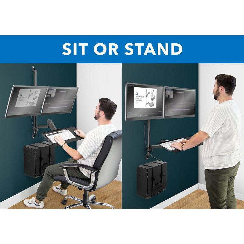 Mount-It! Wall Mount Workstation w/ Dual Monitor Mount, Keyboard Tray & CPU Holder, Height Adjustable Full Motion Arms, Fits 32 in. Computer Screens, 5 of 10