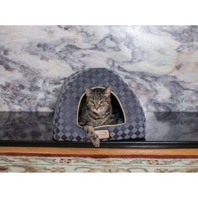 Small Purple Gray Checkered Dome Cat Bed with Fiberfill