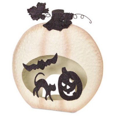 Melrose 14.75" White and Black Jack-O-Lantern, Bat and Cat design Design Pumpkin Pillar Candle Holder