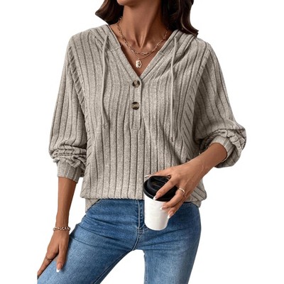 Women's Casual Ribbed Hooded Solid Color Knit Top, Comfortable and Cozy Pullover for Loungewear and Daily Wear