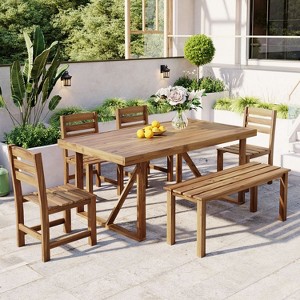 Janey 6-piece Acacia Wood Patio Dining Set, Outdoor Furniture with Removable Cushions, Ergonomic Chairs and Bench - Maison Boucle - 1 of 4