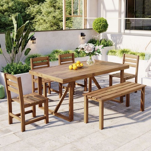 6 piece Acacia Wood Natural Patio Dining Set Outdoor Furniture With Removable Cushions Ergonomic Chairs And Bench Maison Boucle Target