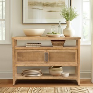 ORRD 2-Door Console Table with Cane Webbing, Toasted Almond Storage Table for Entryway & Living Room, Fixed Shelves & Adjustable Levelers - 1 of 4