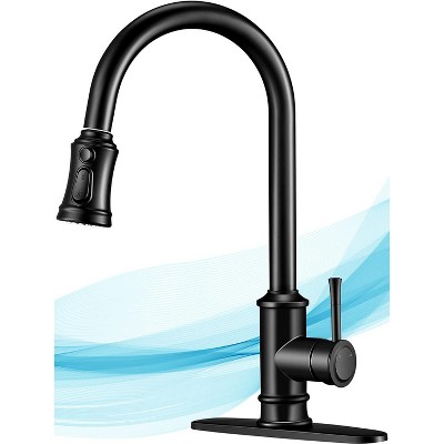 DOMETOUR 3-Mode Pull Down Kitchen Faucet, Single Handle, 360° Rotation, Stainless Steel, No Lead, Black