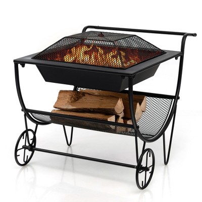 Costway Outdoor Wood Burning Fire pit Steel Patio Stove w/ Log Storage Rack & Wheels