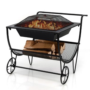 Costway Outdoor Wood Burning Fire pit Steel Patio Stove w/ Log Storage Rack & Wheels - 1 of 4