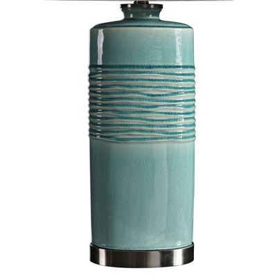 Distressed Teal Ceramic Table Lamp with Oval Linen Shade