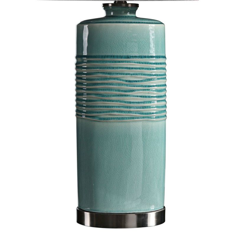 Uttermost Modern Table Lamp 32" Tall Distressed Teal Blue-Green Glaze Linen Fabric Oval Shade for Living Room Bedroom House Home, 2 of 3