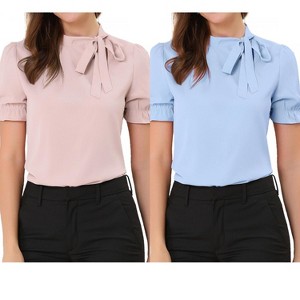 Allegra K Women's Elegant Bow Tie Neck Elastic Cuffs Office Short Sleeve Blouse 2 Pcs - 1 of 4
