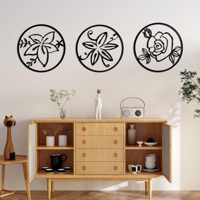 Royal Hampton 3 Piece Set Wall Decor, Floral Hollow Out Abstract Design, Round Metal Frame