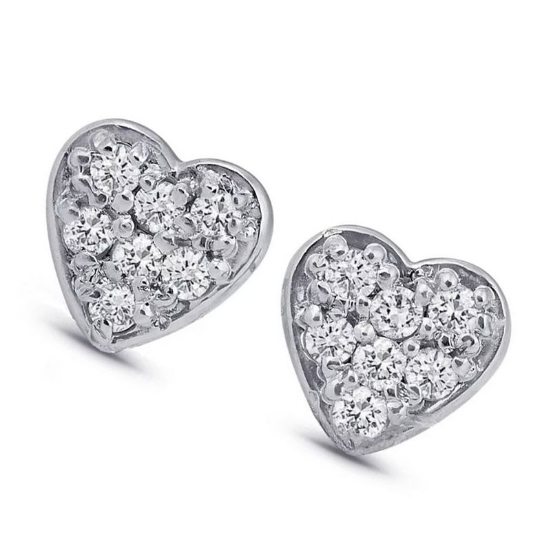 Pompeii3 14K White Gold Diamond Pave Small Heart Studs Dainty High Polished 5.7MM, 1 of 3