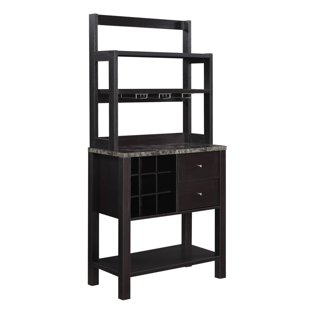 Newport 2 Drawer Serving Bar with Wine Rack and Shelves Espresso/Faux Marble - Breighton Home: Stemware Racks, Modern Storage