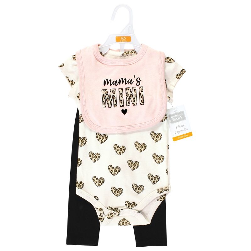Hudson Baby Infant Girl Cotton Bodysuit, Pant and Bib Set, Leopard Hearts, 2 of 6