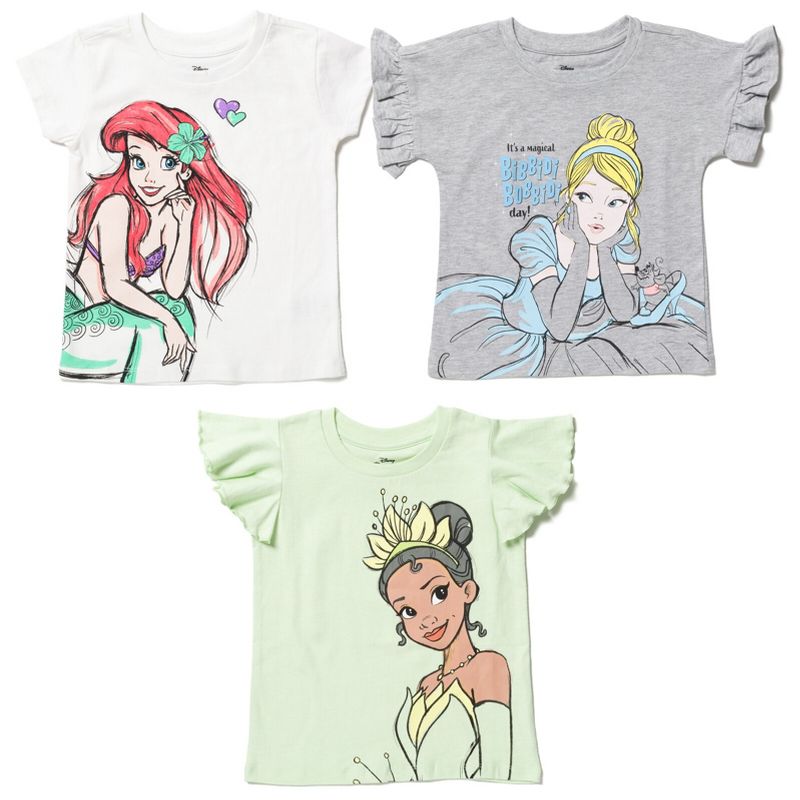 Disney Princess Ariel Cinderella Tiana Snow White Rapunzel Girls 3 Pack T-Shirts Toddler, 1 of 8