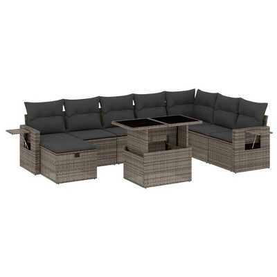 vidaXL 9 Piece Patio Sofa Set with Cushions Gray Poly Rattan - without storage
