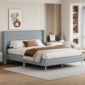 NicBex Queen Size Upholstered Bed Frame with Corduroy Wingback Headboard,Platform Bed Frame with Metal Legs,No Box Spring Needed,Easy Assembly,Gray - 1 of 4