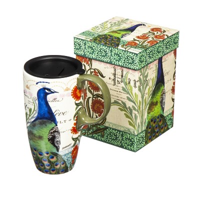 Evergreen Proud Peacocks Boxed Ceramic Latte Travel Mug 17 oz.