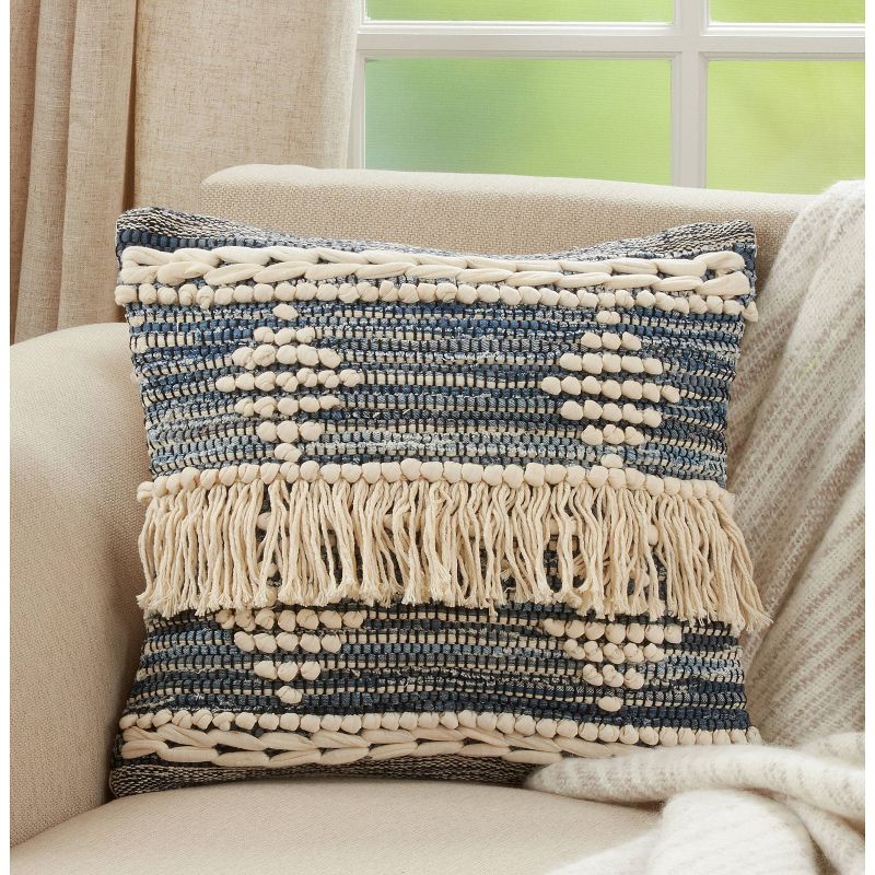 18&#34;x18&#34; Chindi Design Square Pillow Cover with Fringe Blue - Saro Lifestyle, 4 of 6
