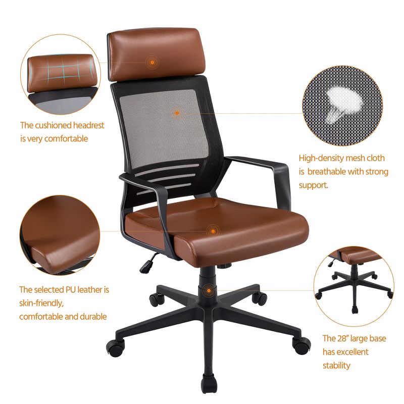 Yaheetech Ergonomic Mesh Office Chair Height Adjustable Computer Chair, Brown, 4 of 9