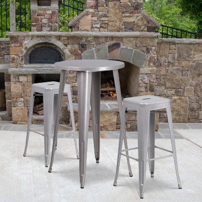 Silver Metal Round Bar Table Set with 2 Backless Stools