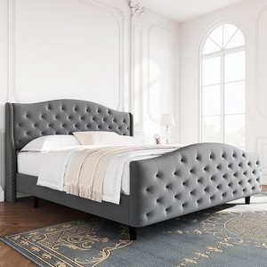 Luxury Velvet Bed Frame w/ Wingback Headboard & Footboard, No Box Spring - 1 of 4