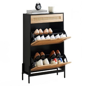 Rattan Shoe Storage Cabinet with 2 Flip Drawers, Farmhouse Narrow Shoe Organizer with a Slide-Out Drawer - 1 of 4
